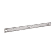 Stainless steel ruler with inch and metric measurements printed along edges, approximately 18 inches long.