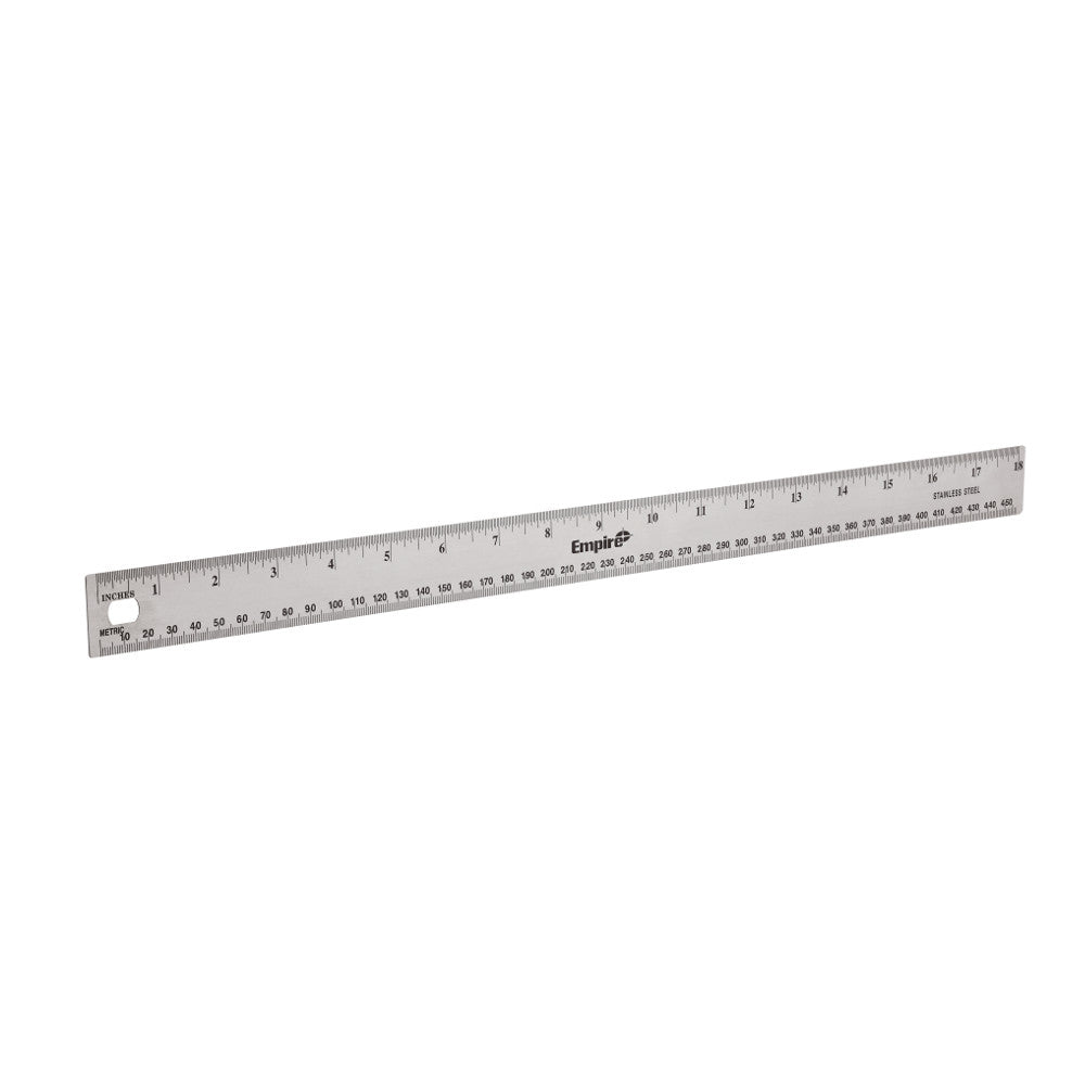 Stainless steel ruler with inch and metric measurements printed along edges, approximately 18 inches long.