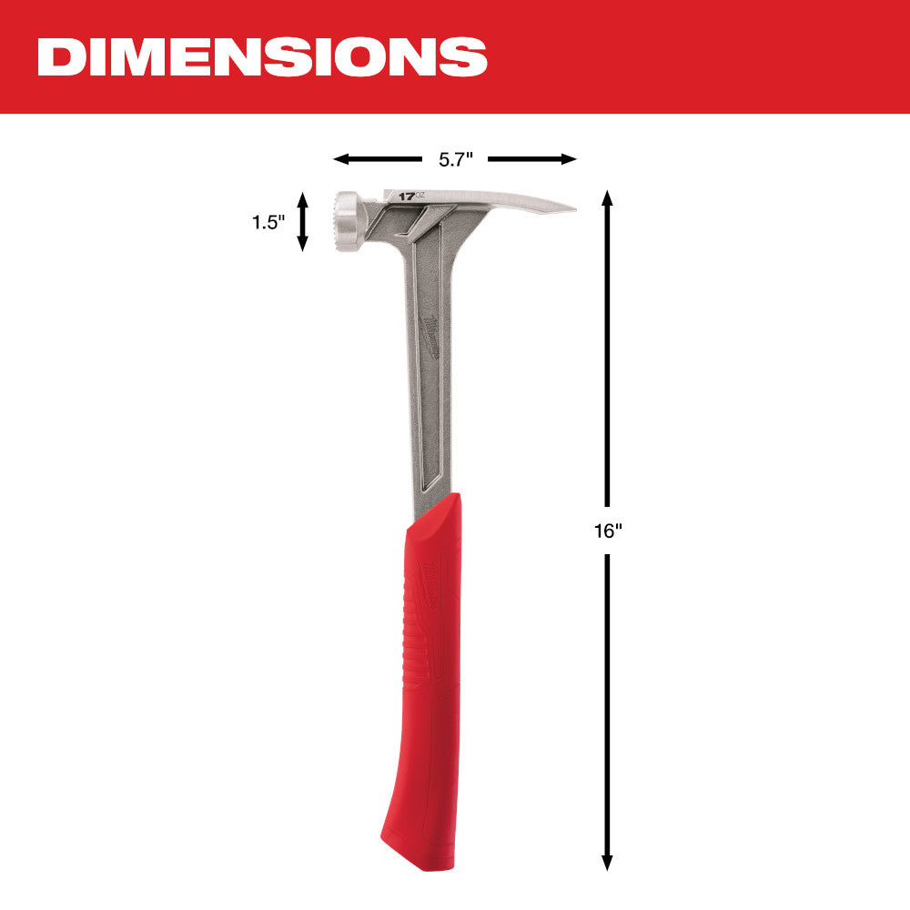 17 oz framing hammer with milled steel face, red grip, and claw, 16 inches long overall.