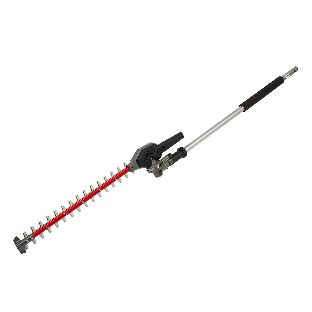 Milwaukee M18 FUEL hedge trimmer attachment with red blade, silver shaft, black grip, and articulating head.