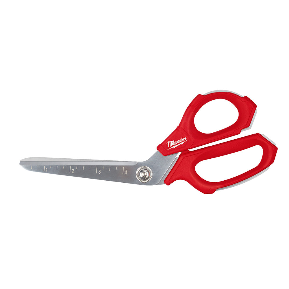 Red offset scissors with gray metal blade marked with measurement increments and Milwaukee branding.