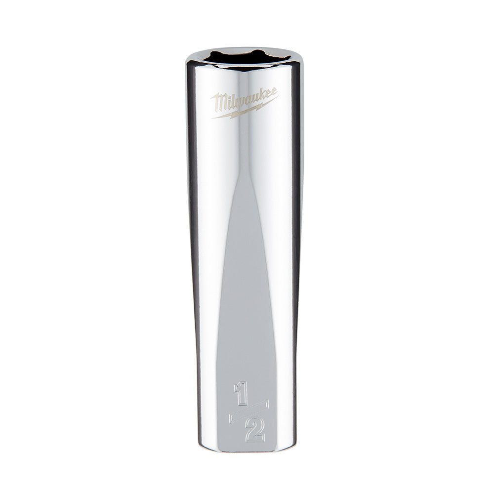 Milwaukee chrome deep socket with 6-point opening, 1/2 inch size marked on polished metal barrel.