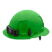 Green full brim hard hat with black ratcheting suspension and vented crown.