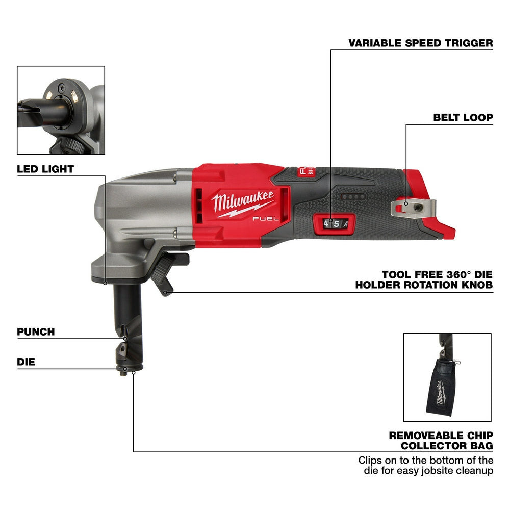 Milwaukee M12 FUEL 16 gauge variable speed nibbler with red and black housing, featuring LED light, variable speed trigger, b