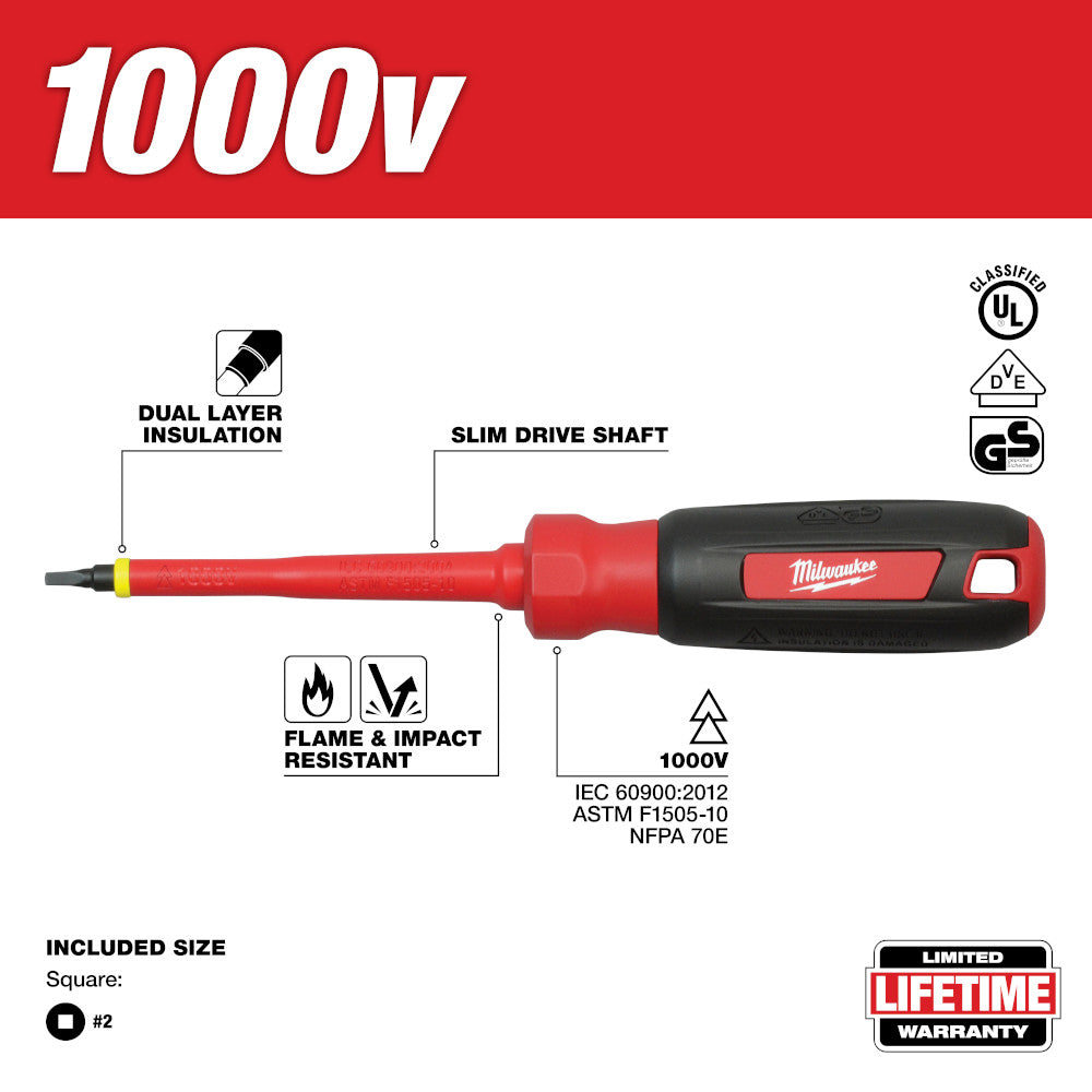 Red and black Milwaukee #2 square drive insulated screwdriver with dual layer insulation and slim shaft for 1000V use.