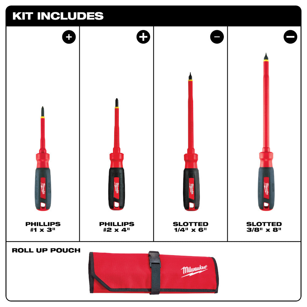 Four insulated screwdrivers with red shafts and black handles plus a red roll-up pouch with black strap.