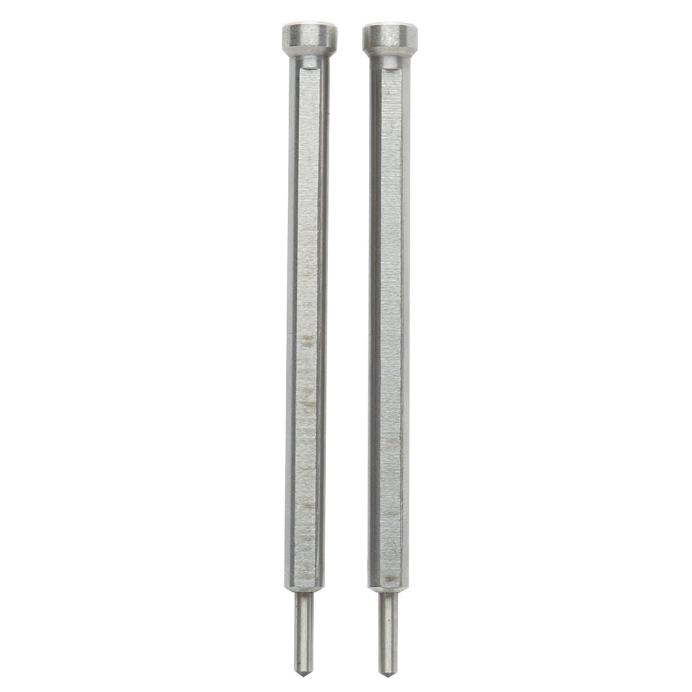 Two metallic cylindrical retractable pins with hex heads and pointed tips.
