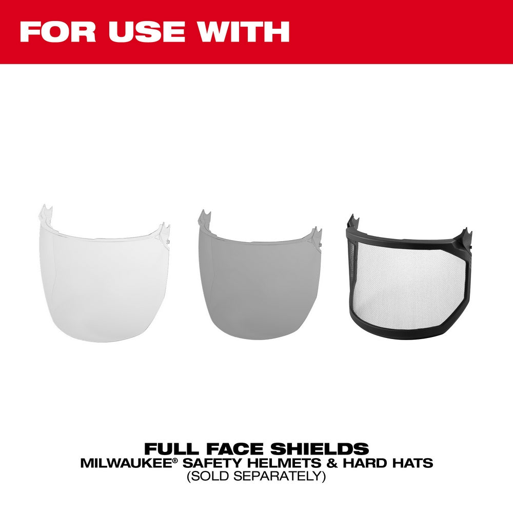 Three full face shields in clear, gray, and mesh styles with mounting brackets for safety helmets and hard hats.