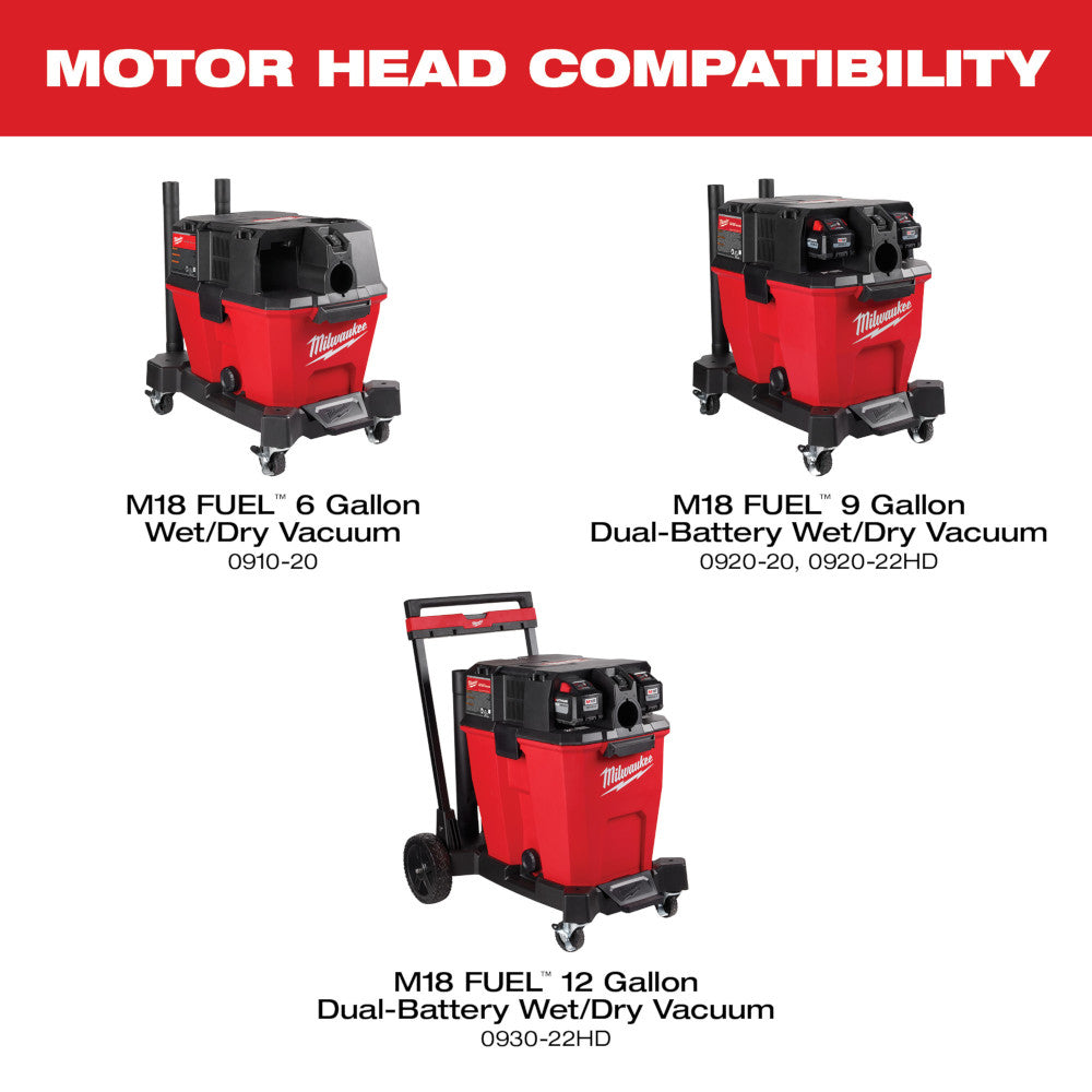 Three red and black Milwaukee M18 FUEL wet/dry vacuums showing motor head compatibility across 6, 9, and 12 gallon models.