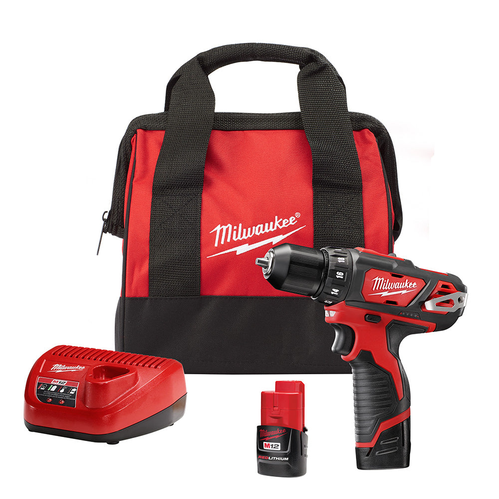 Milwaukee M12 3/8-inch drill/driver kit with red and black tool bag, charger, and battery pack.