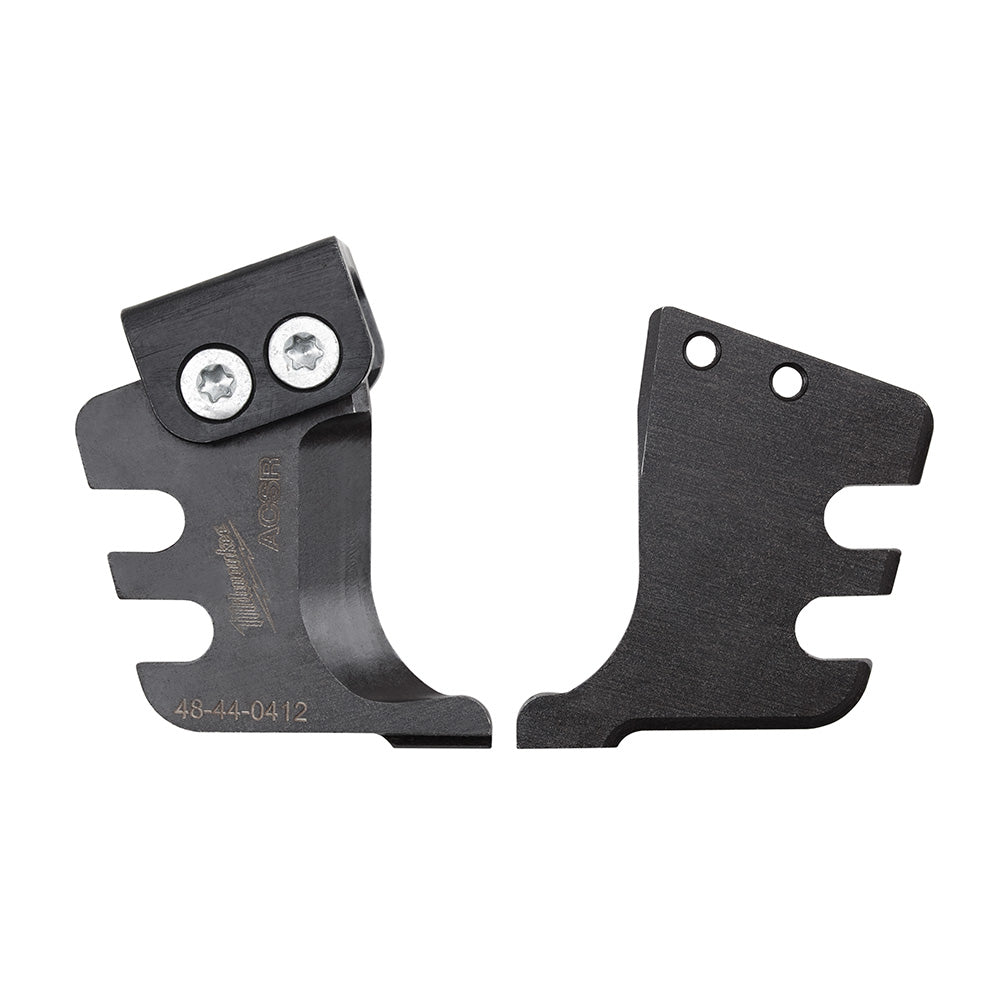 Two black metal replacement blades with notched edges and mounting holes, one featuring two circular screw connections.