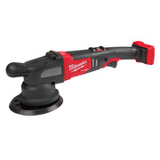 Milwaukee M18 FUEL random orbital polisher with red and black body, grip handle, and circular sanding pad.