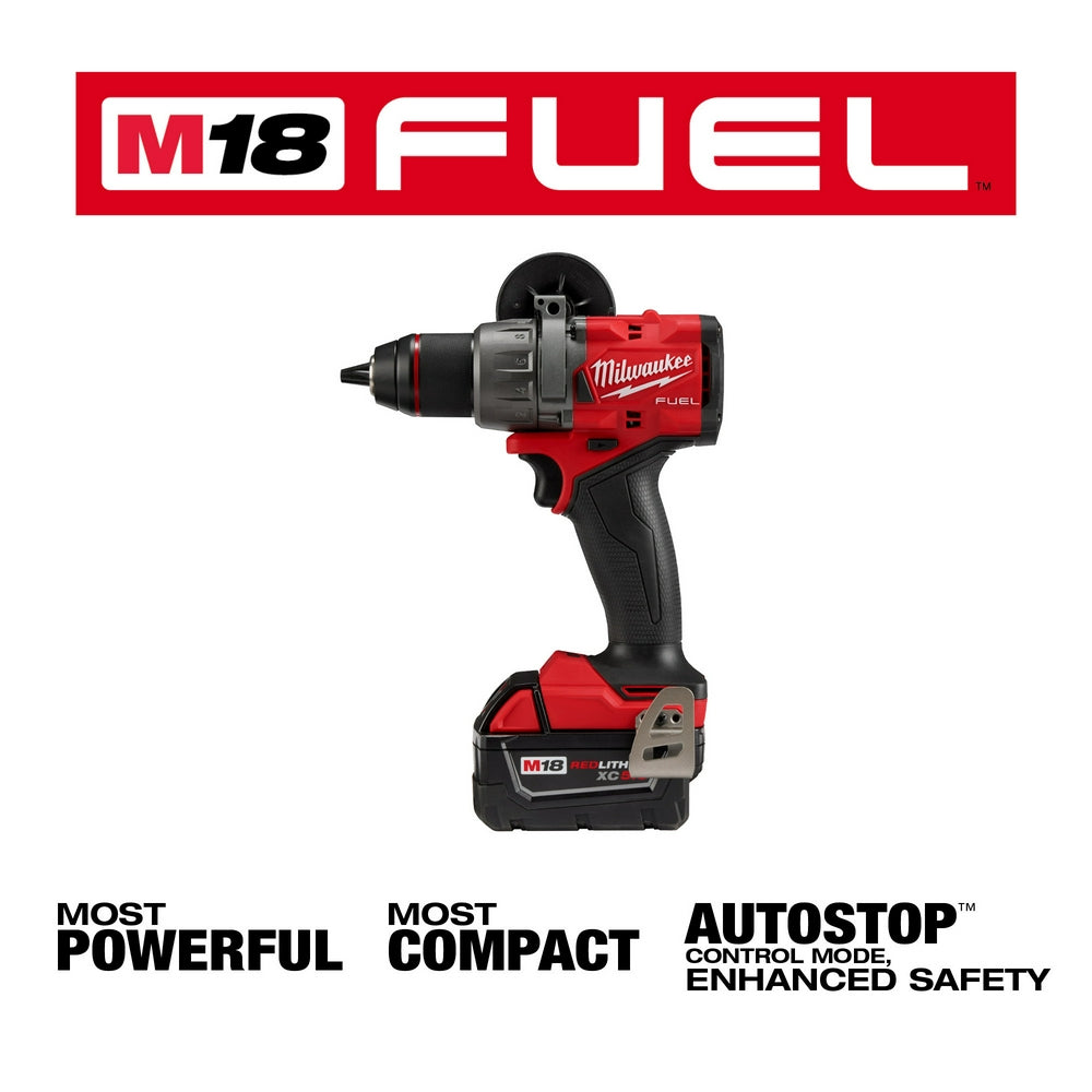 Milwaukee M18 FUEL 1/2" hammer drill/driver with red and black body, battery pack, and chuck visible against white background