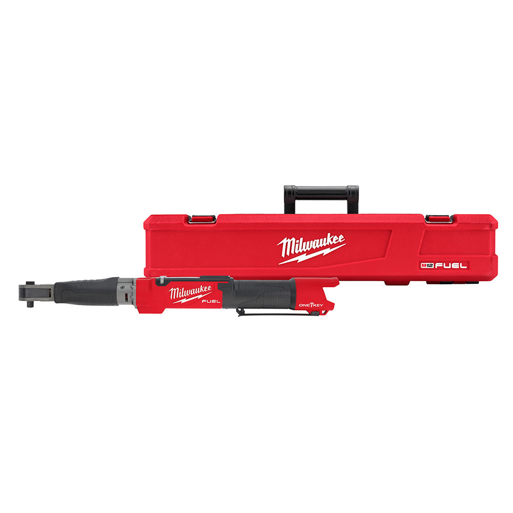 Milwaukee M12 FUEL digital torque wrench with red case and black grip, displayed with carrying case.