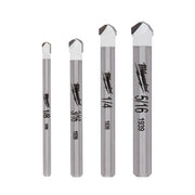 Four tile and stone drill bits in increasing sizes with gray bodies, white upper sections, and black carbide tips.