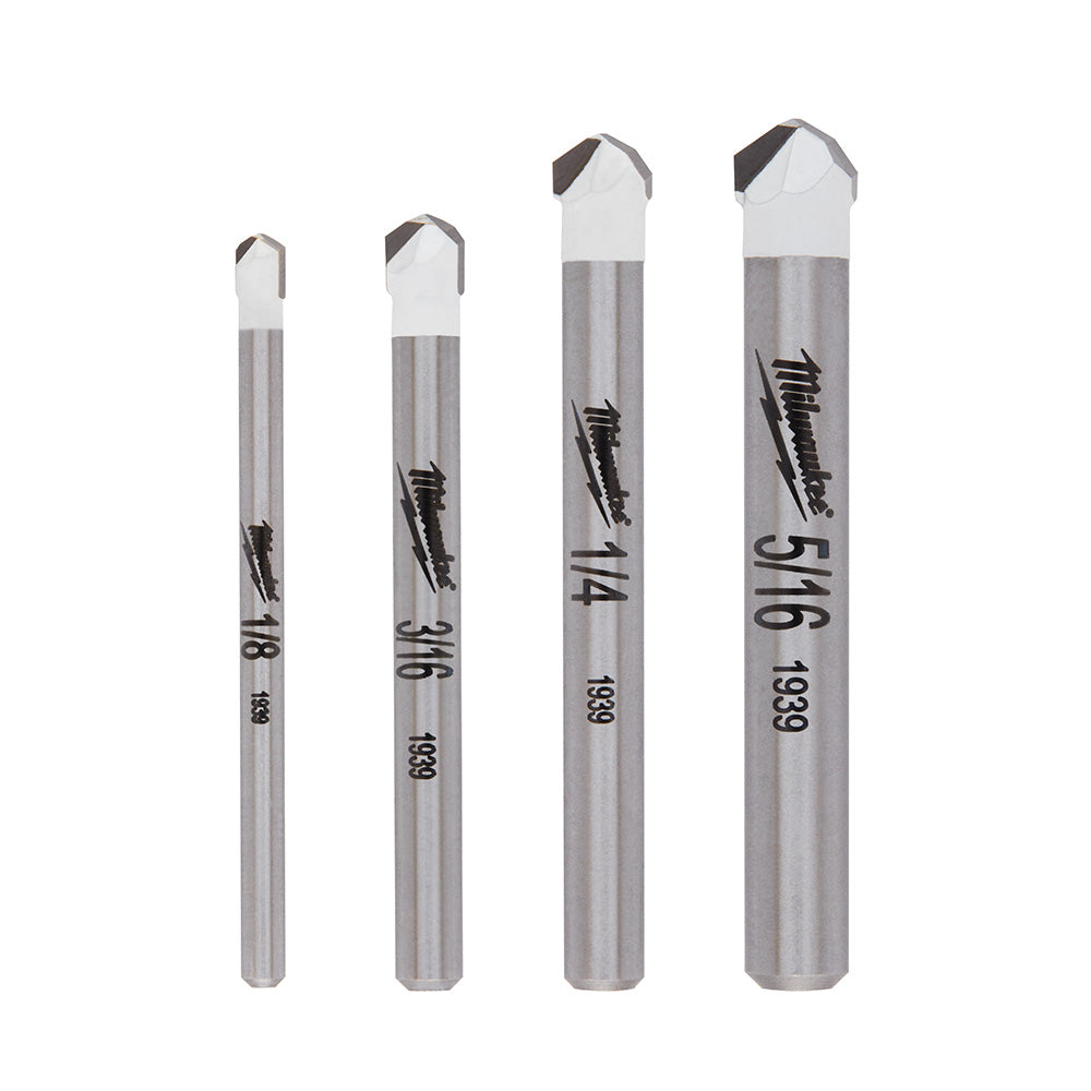 Four tile and stone drill bits in increasing sizes with gray bodies, white upper sections, and black carbide tips.