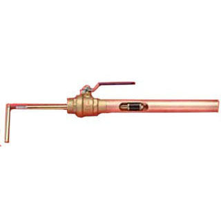 Copper water tool valve assembly with 1" diameter pipe connections and lever handle.