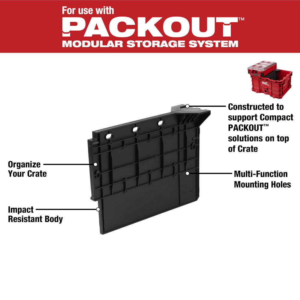 Black plastic divider with grid compartments and mounting holes for Milwaukee PACKOUT crate organization system.