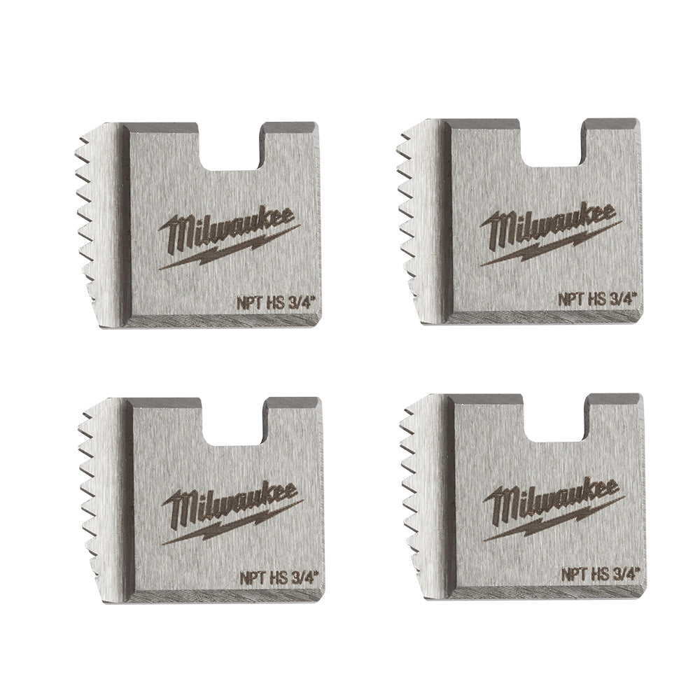 Four Milwaukee NPT HS 3/4" pipe threading dies with metal bodies and cutting threads on the sides.