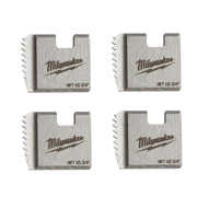 Four Milwaukee NPT HS 3/4" pipe threading dies with metal bodies and cutting threads on the sides.
