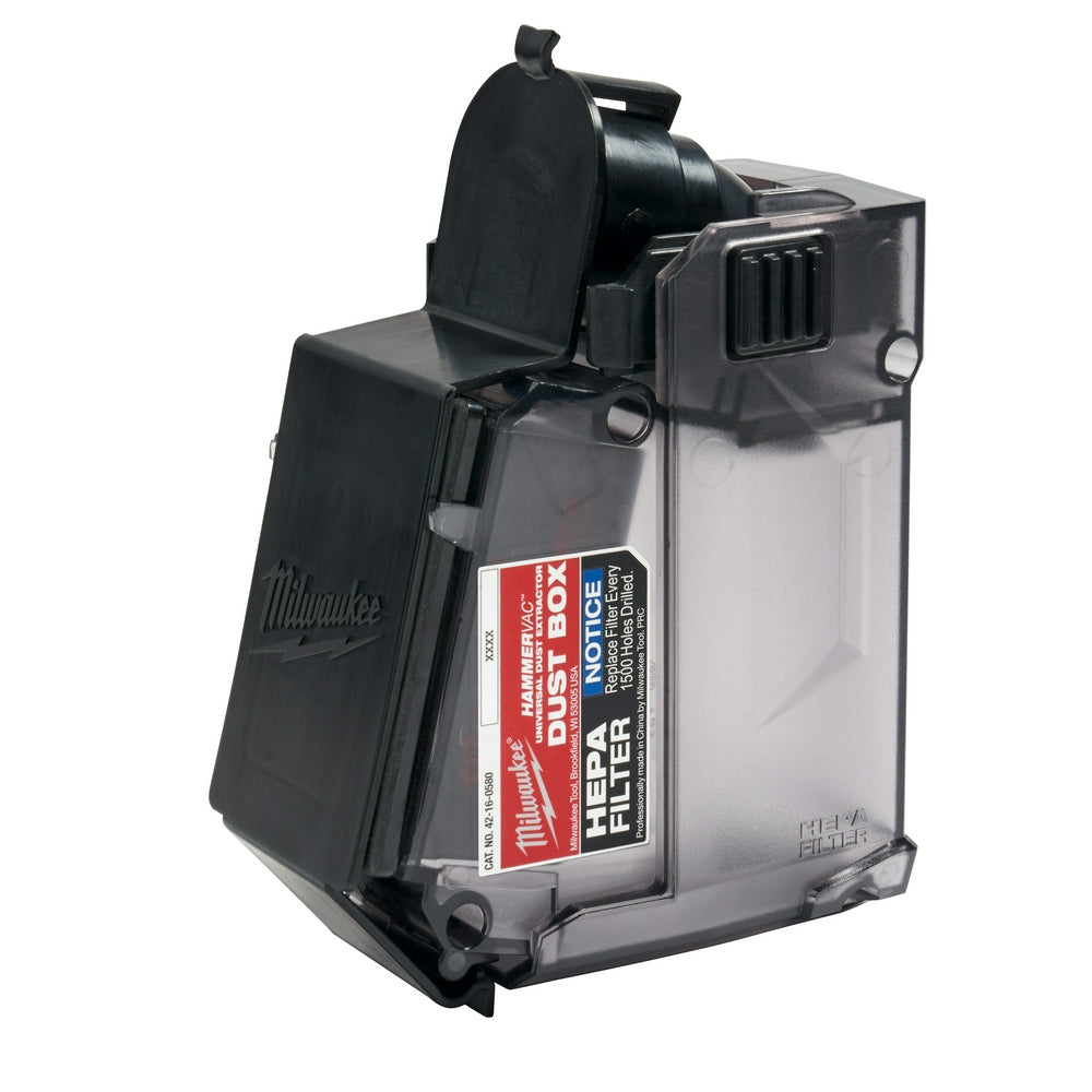 Black and translucent Milwaukee M12 HAMMERVAC dust extractor box with removable lid and collection chamber.
