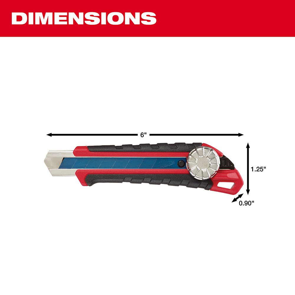 Red and black snap-off utility knife with metal lock dial, measuring 6" long by 1.25" tall.