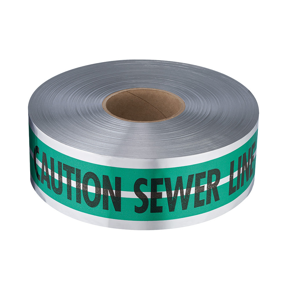 Roll of gray and green detectable tape with "CAUTION SEWER LINE" printed in black text on the green band.