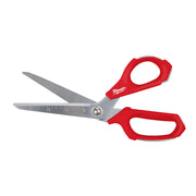 Red and gray offset scissors with measurement markings on the blade and Milwaukee branding on the handle.