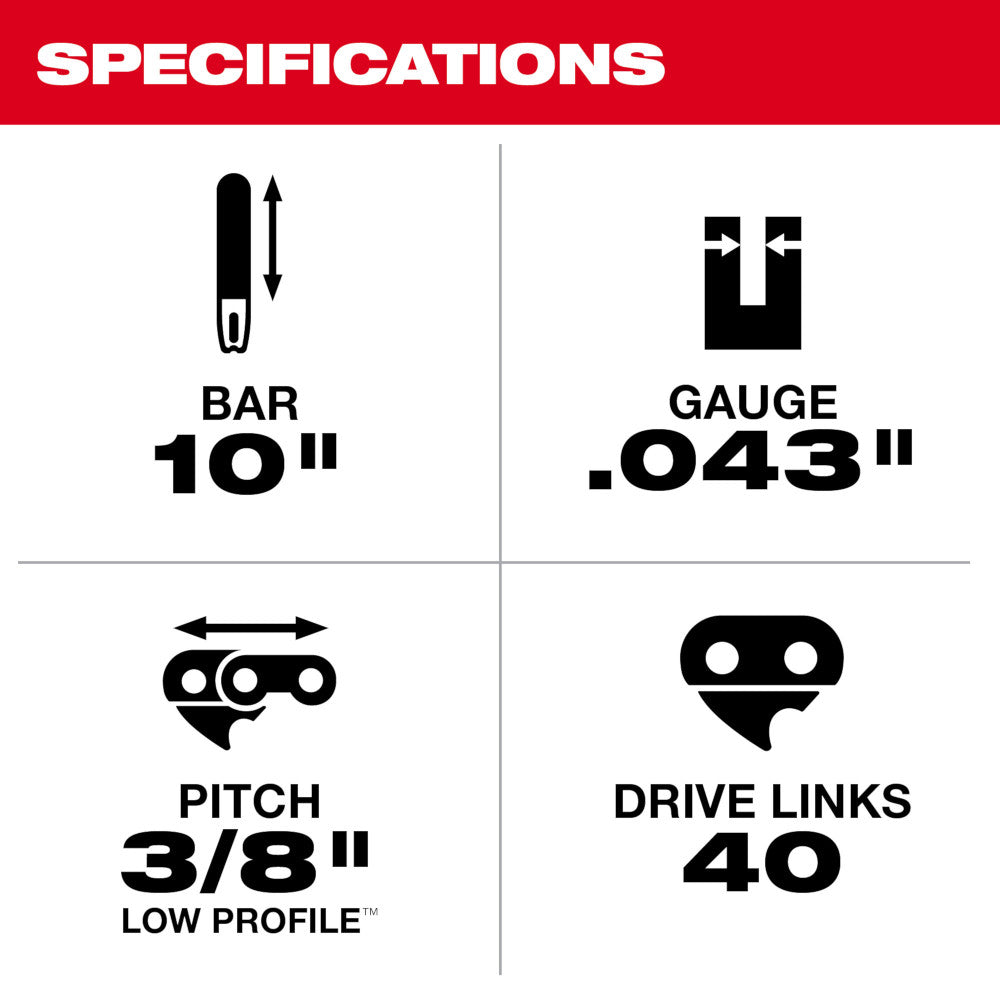 10" pole saw guide bar with .043" gauge, 3/8" low profile pitch, and 40 drive links.