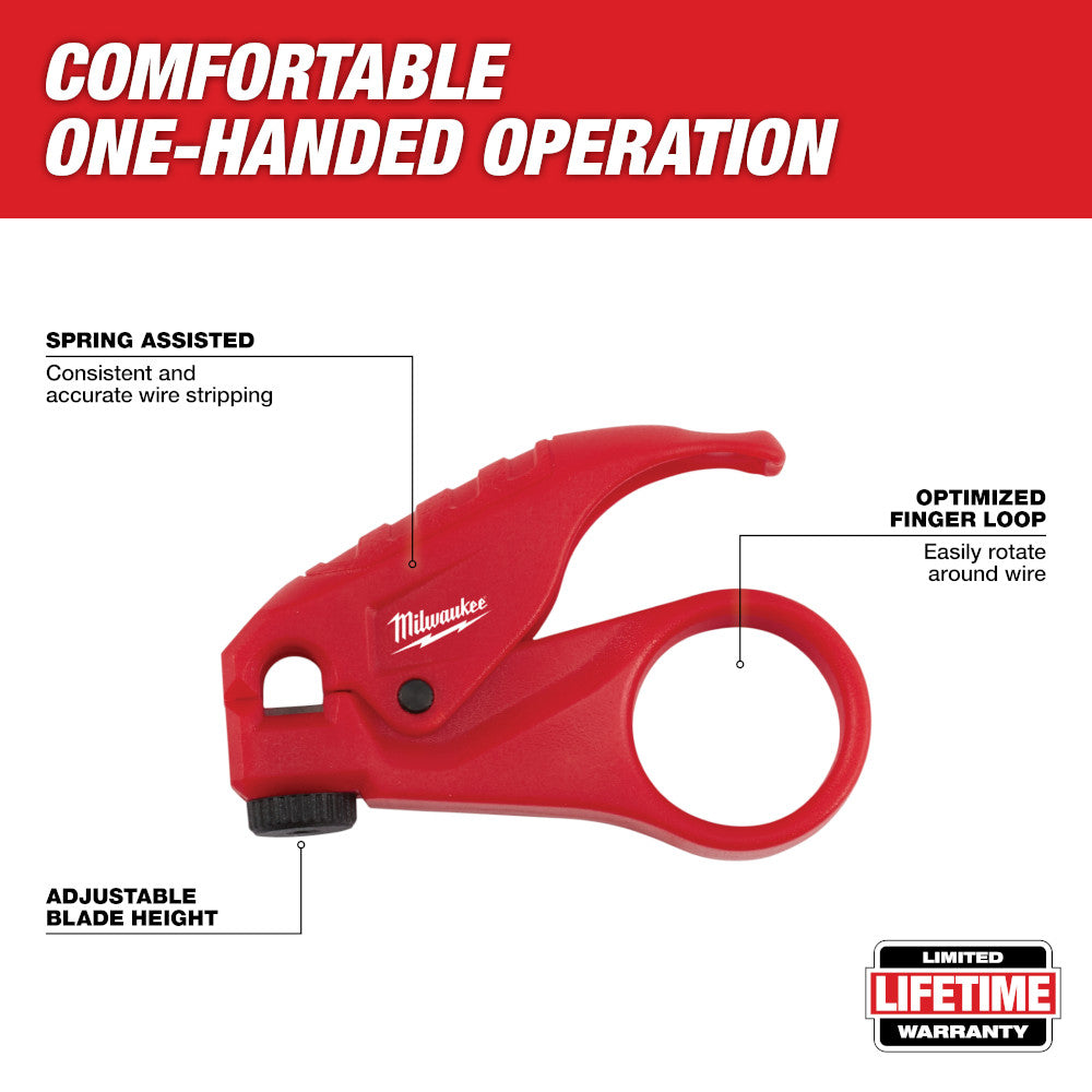 Red Milwaukee twisted pair stripper with spring-assisted blade, adjustable height dial, and finger loop for wire rotation.