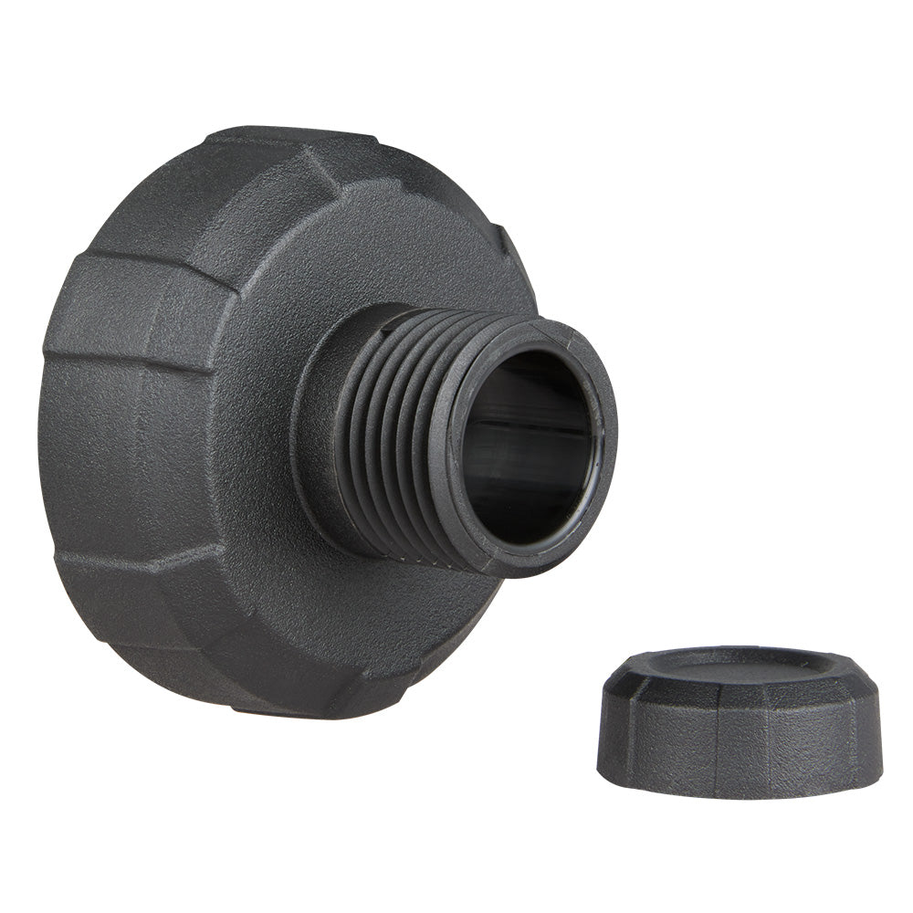 Black plastic hose to drain adaptor kit with threaded male connector and removable cap.