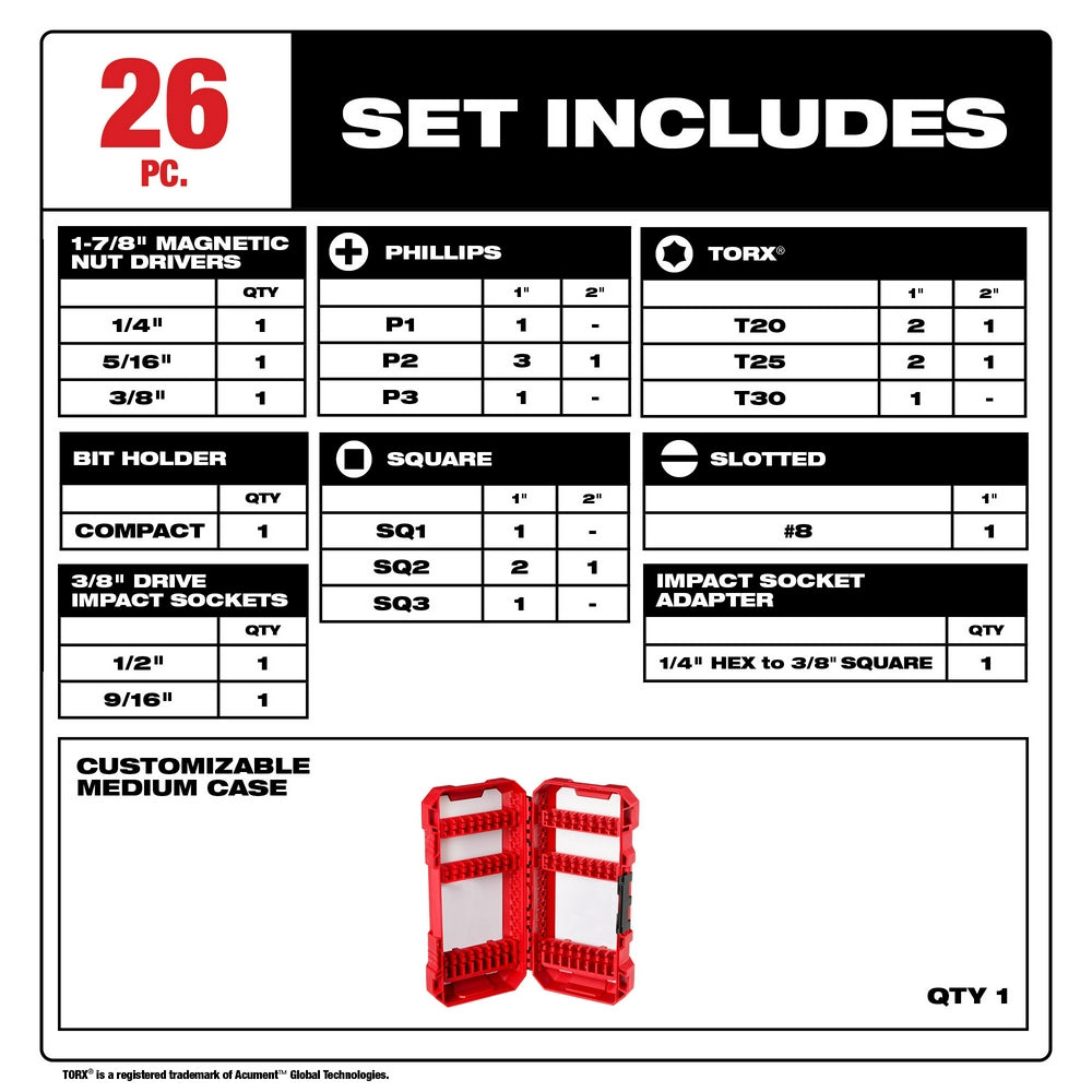 Milwaukee SHOCKWAVE Impact Duty 26 Piece Drive and Fasten Bit Set - 48-32-4408
