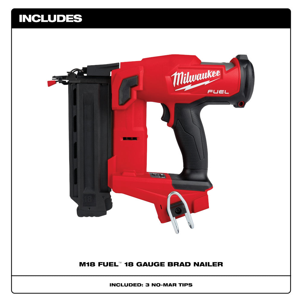 Red and black Milwaukee M18 FUEL 18 gauge brad nailer with black magazine and metal safety lever.