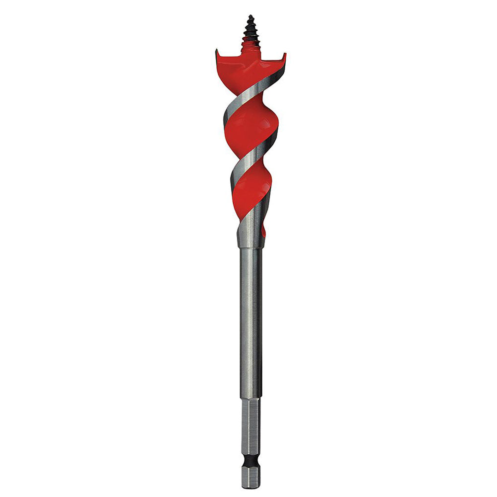 Red and silver wood auger bit with spiral flutes, pointed tip, and hex drive base.