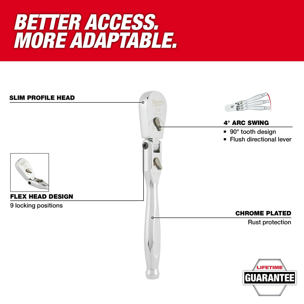 Chrome-plated 3/8" drive flex head ratchet with 9" length, 4° arc swing, and slim profile head design.