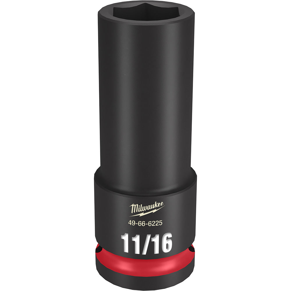 Black Milwaukee deep socket with 6-point hexagonal opening and red grip ring, labeled 11/16.