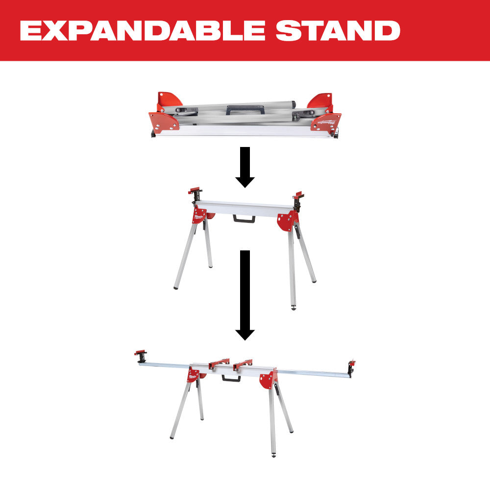 Red and silver folding miter saw stand shown in three configurations: compact, mid-size, and fully expanded.