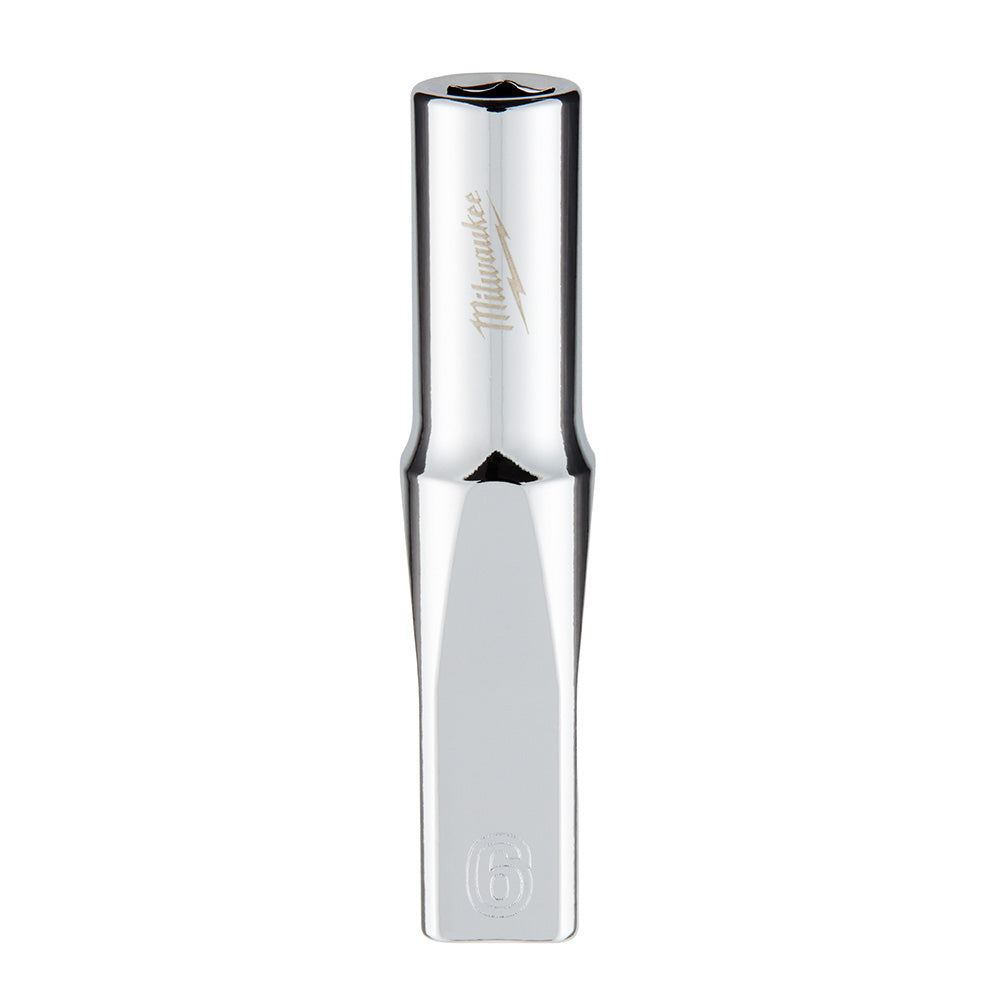 Chrome 1/4 inch drive deep socket with 6-point hexagonal opening and Milwaukee branding.