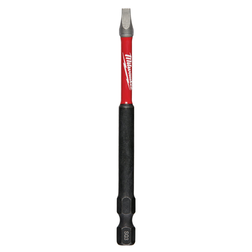 Milwaukee Shockwave impact power bit with square recess #3 tip, red and black shaft, 3-1/2 inches long.