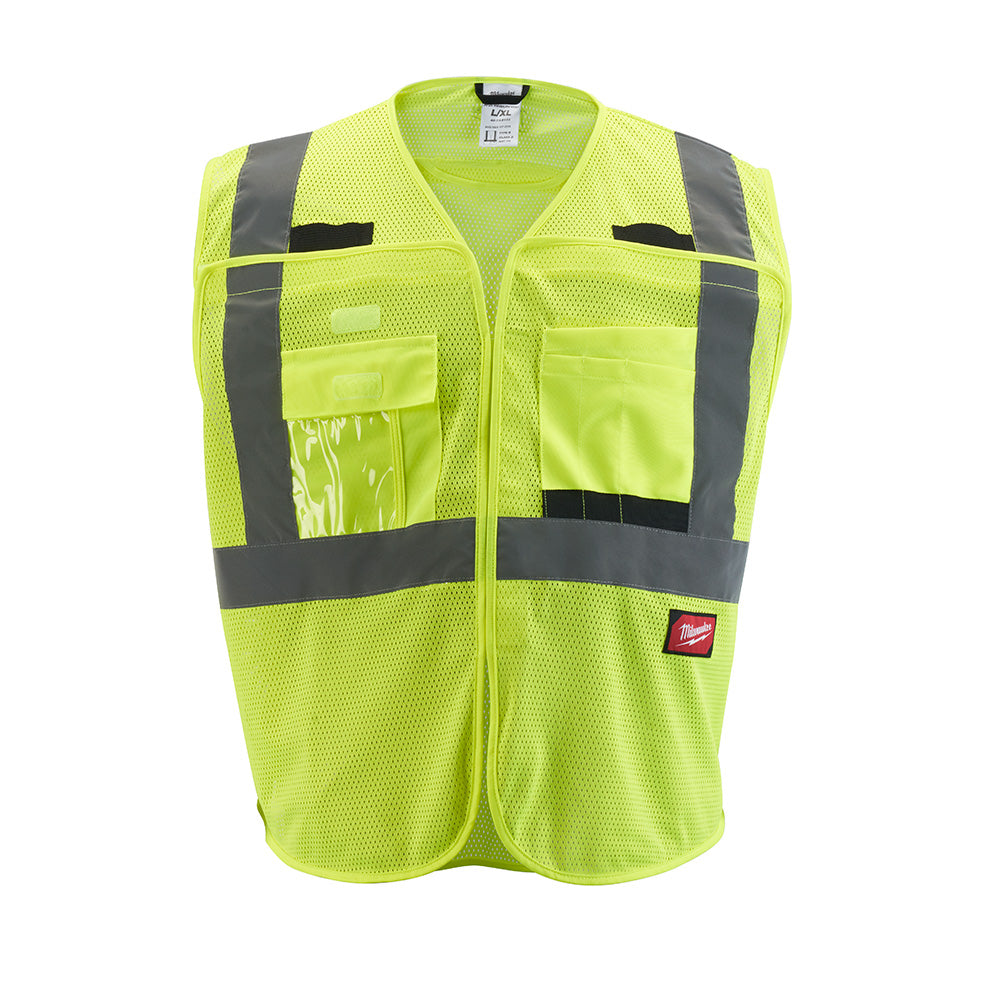 Yellow mesh safety vest with gray reflective strips, front pockets, and zip closure.