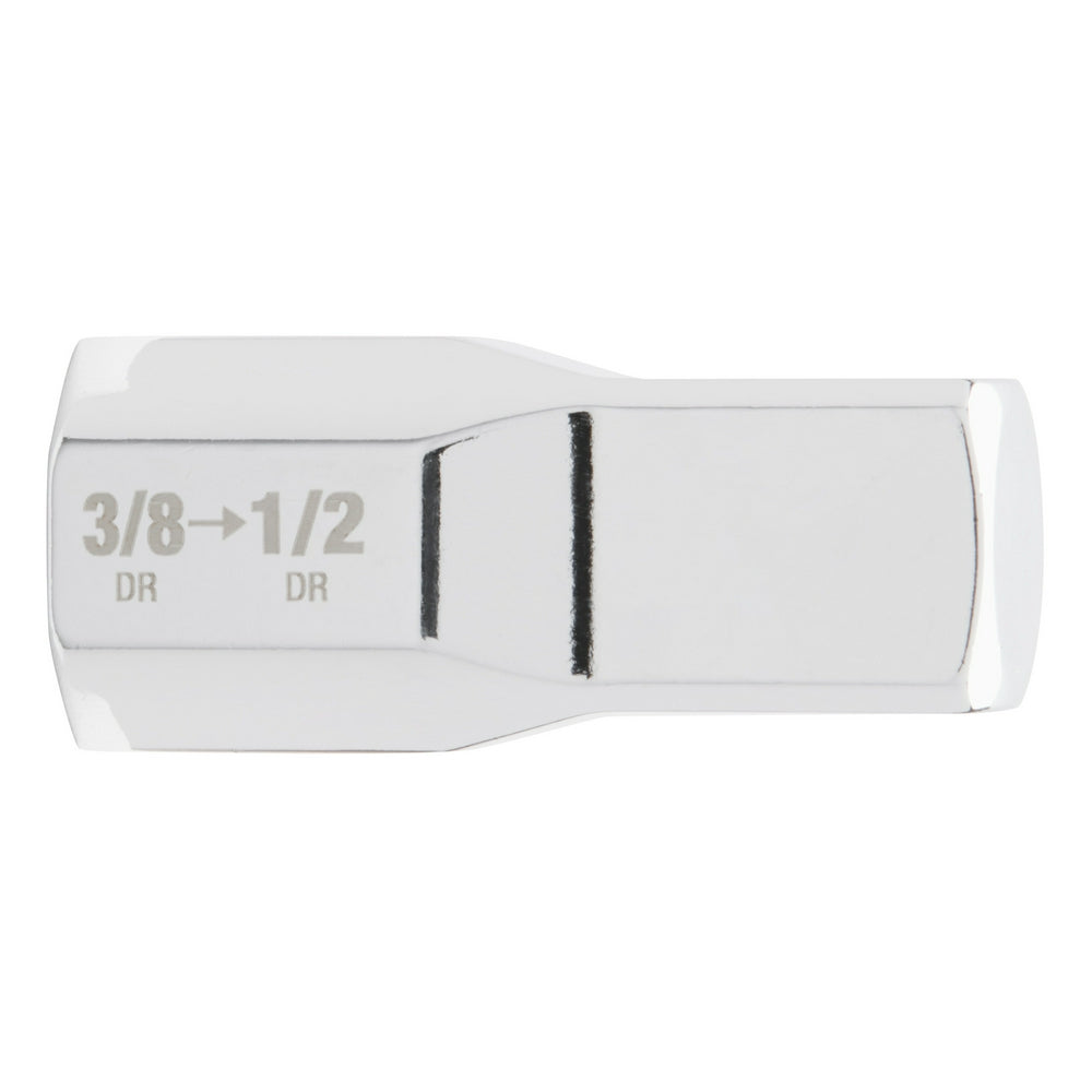 Silver socket adapter labeled "3/8→1/2 DR" with female and male drive connections.