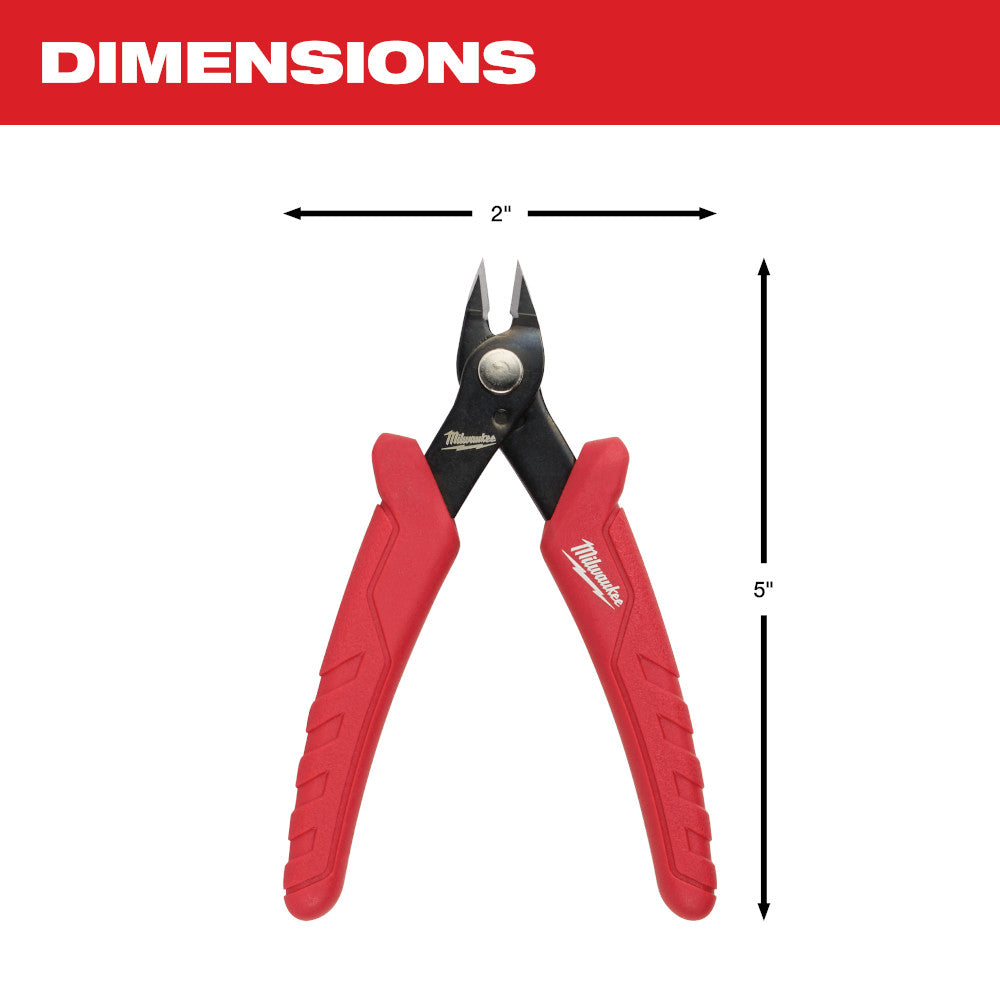 Small hand pliers with red handles and black cutting head, measuring 5 inches long and 2 inches wide.
