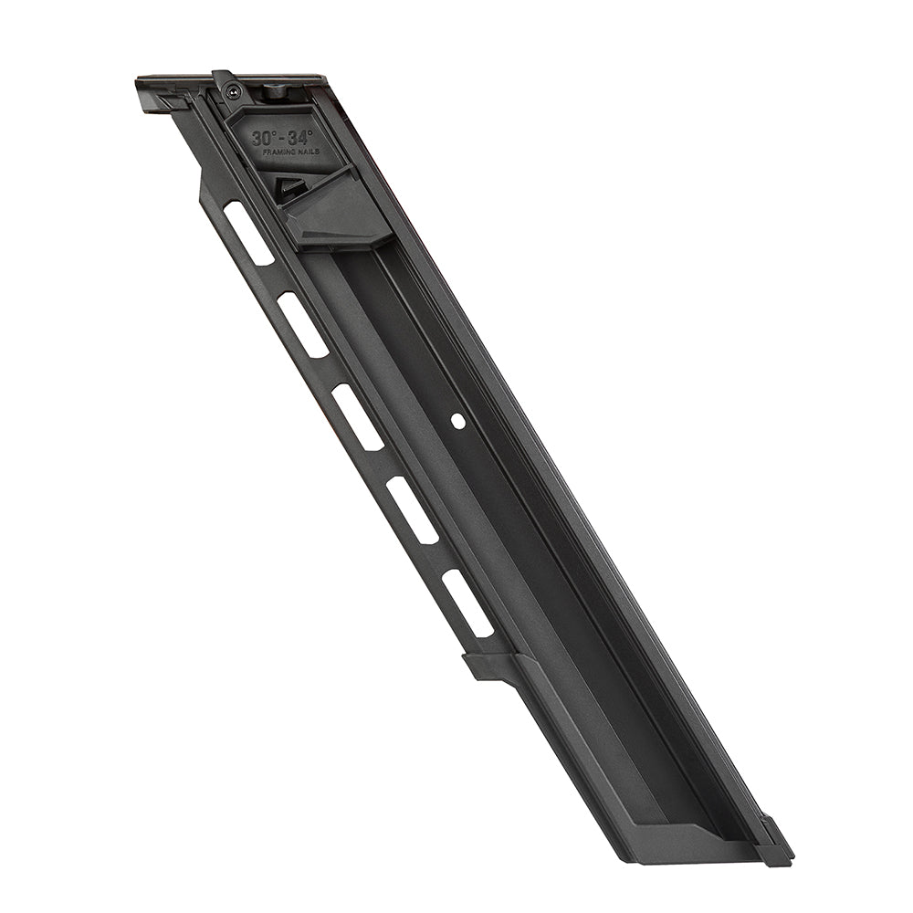 Black Milwaukee M18 FUEL framing nailer magazine with 30-degree angle and extended capacity slots along the side.