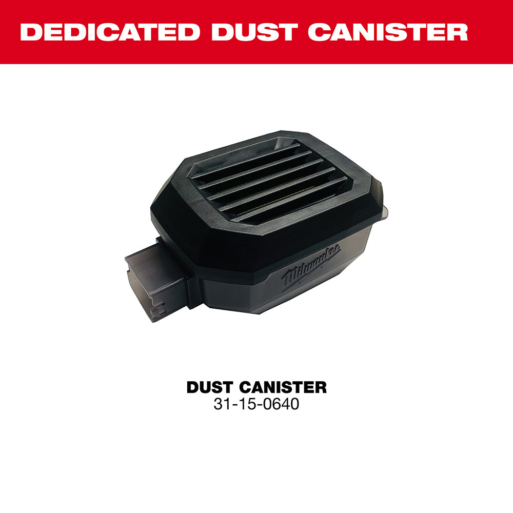 Black Milwaukee dust canister with vented top and side attachment port for M18 sander.