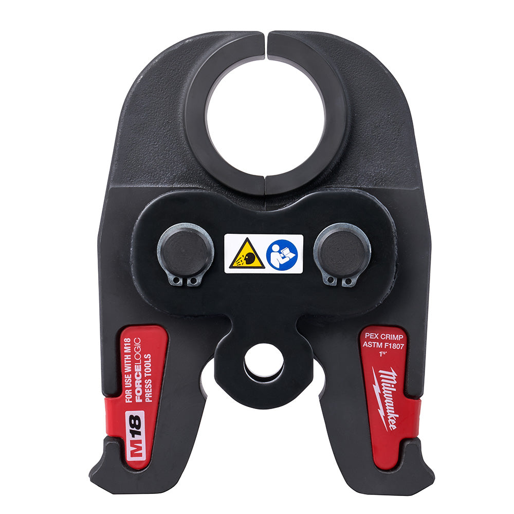 Black and red press tool jaw with circular opening and adjustment knobs for 1-1/2" PEX crimp connections.