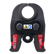 Black and red press tool jaw with circular opening and adjustment knobs for 1-1/2" PEX crimp connections.
