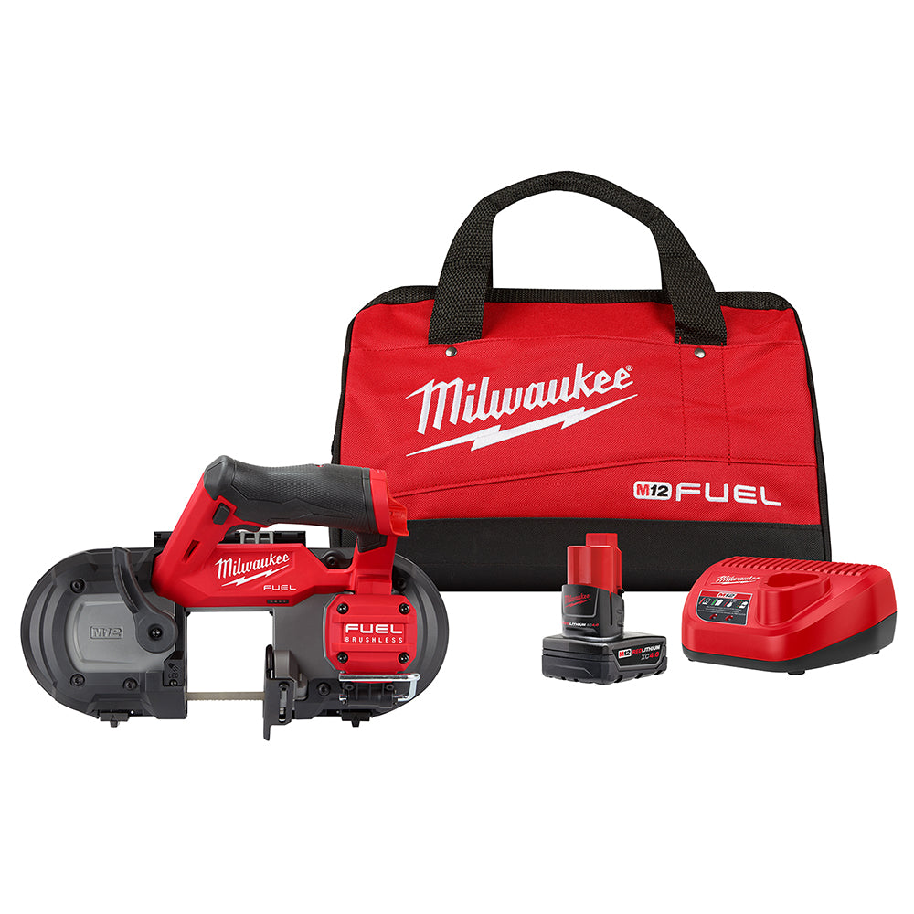 Milwaukee M12 FUEL compact band saw kit with red tool, battery, charger, and carrying bag.
