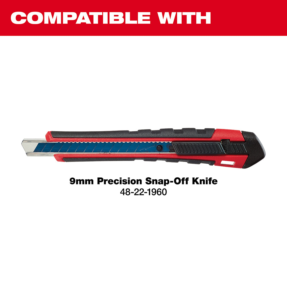 Red and black 9mm precision snap-off utility knife with extended blade visible.