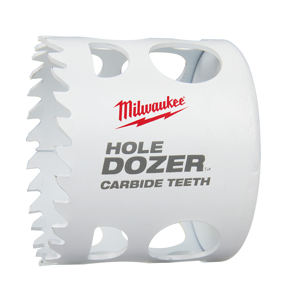 Milwaukee HOLE DOZER carbide teeth hole saw with white cylindrical body and serrated cutting edge.