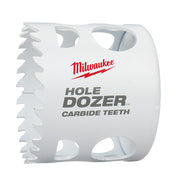 Milwaukee HOLE DOZER carbide teeth hole saw with white cylindrical body and serrated cutting edge.